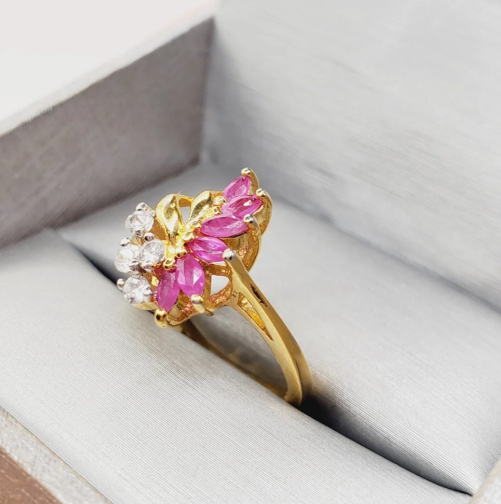 Genuine Marquise Pink Ruby - Simulated Diamonds - 18k Yellow Gold Plated Ring